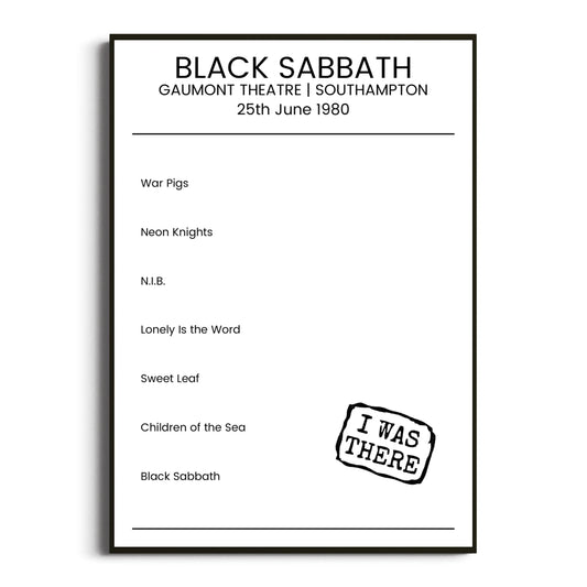 Black Sabbath Southampton 25 June 1980 Setlist Poster