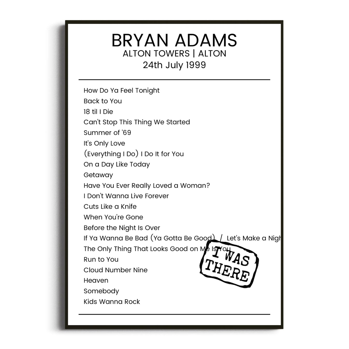 Bryan Adams Alton 24 July 1999 Setlist Poster