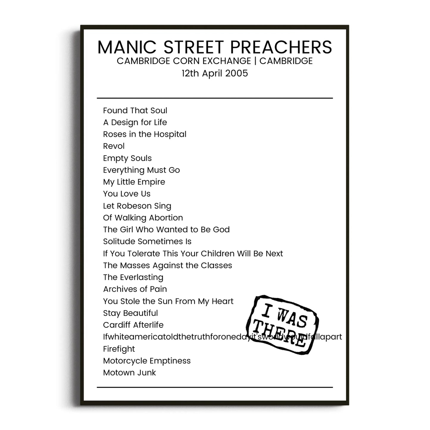 Manic Street Preachers Cambridge 12 April 2005 Setlist Poster