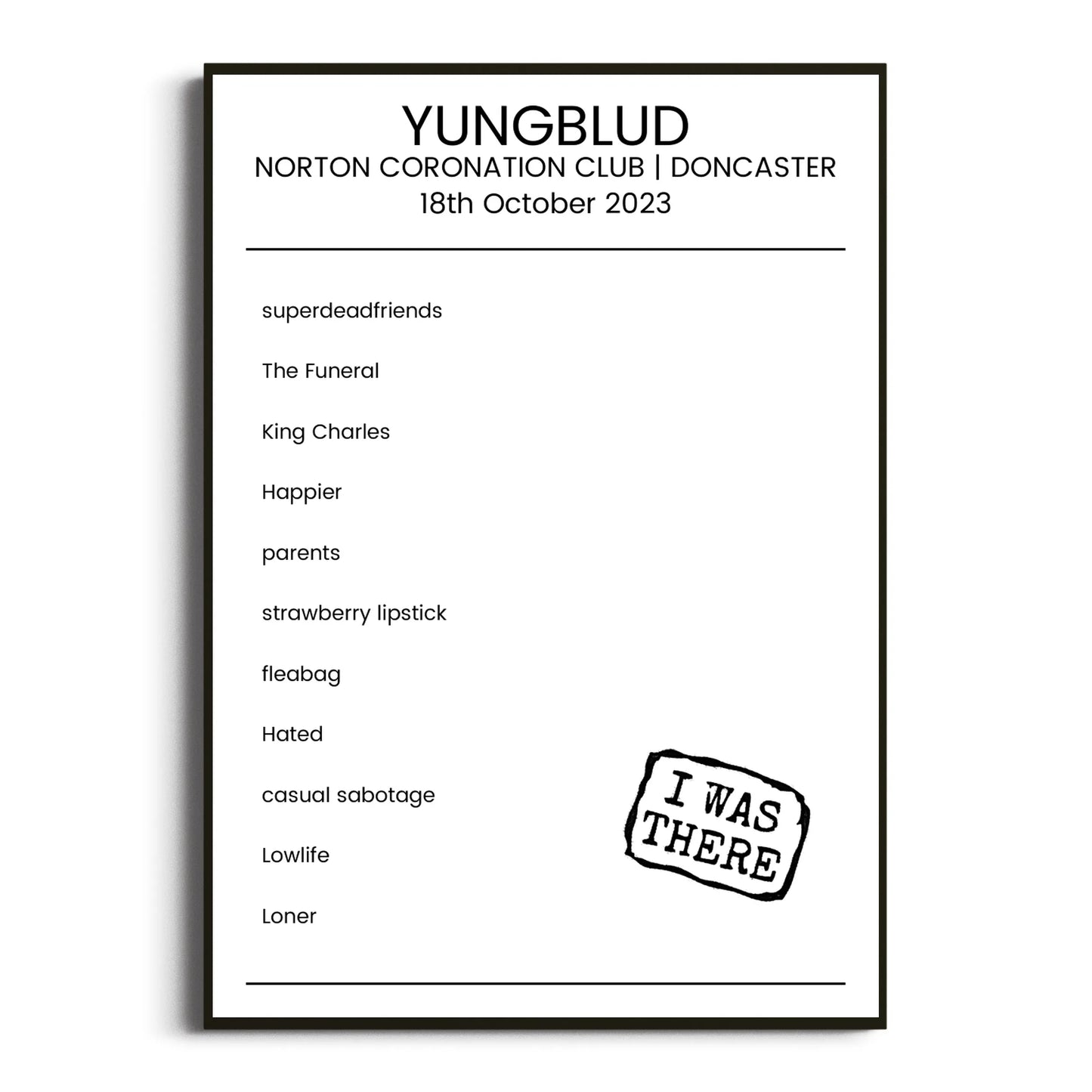 YUNGBLUD Doncaster 18 October 2023 Setlist Poster