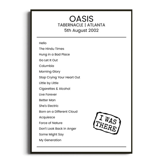 Oasis Atlanta 05 August 2002 Setlist Poster