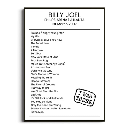 Billy Joel Atlanta 01 March 2007 Setlist Poster