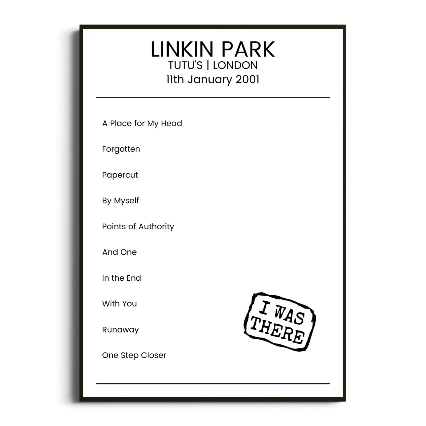 Linkin Park London 11 January 2001 Setlist Poster