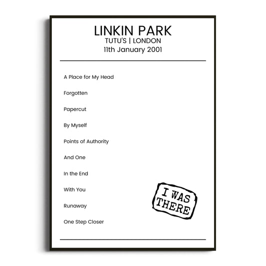 Linkin Park London 11 January 2001 Setlist Poster