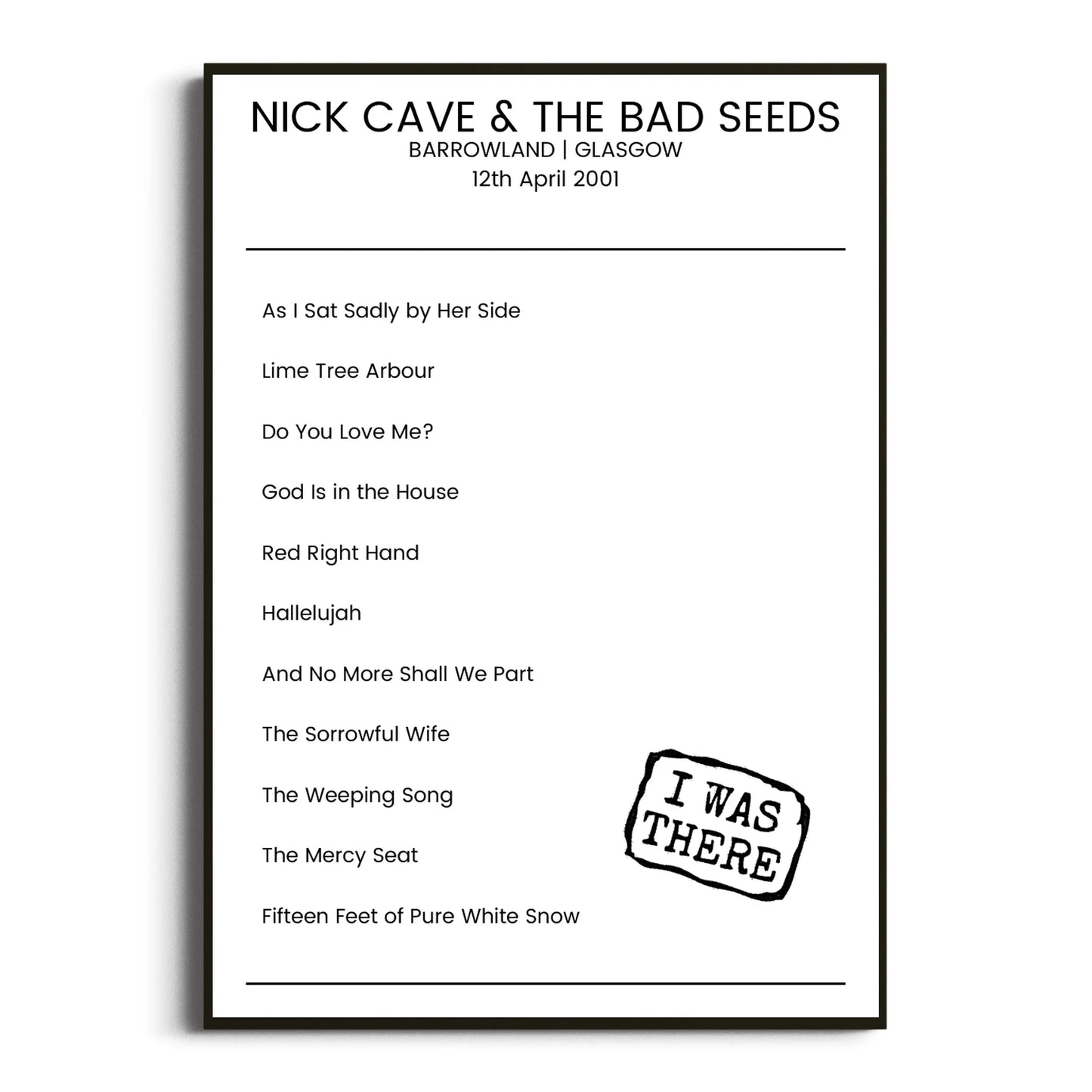 Nick Cave & the Bad Seeds Glasgow 12 April 2001 Setlist Poster