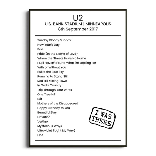 U2 Minneapolis 08 September 2017 Setlist Poster