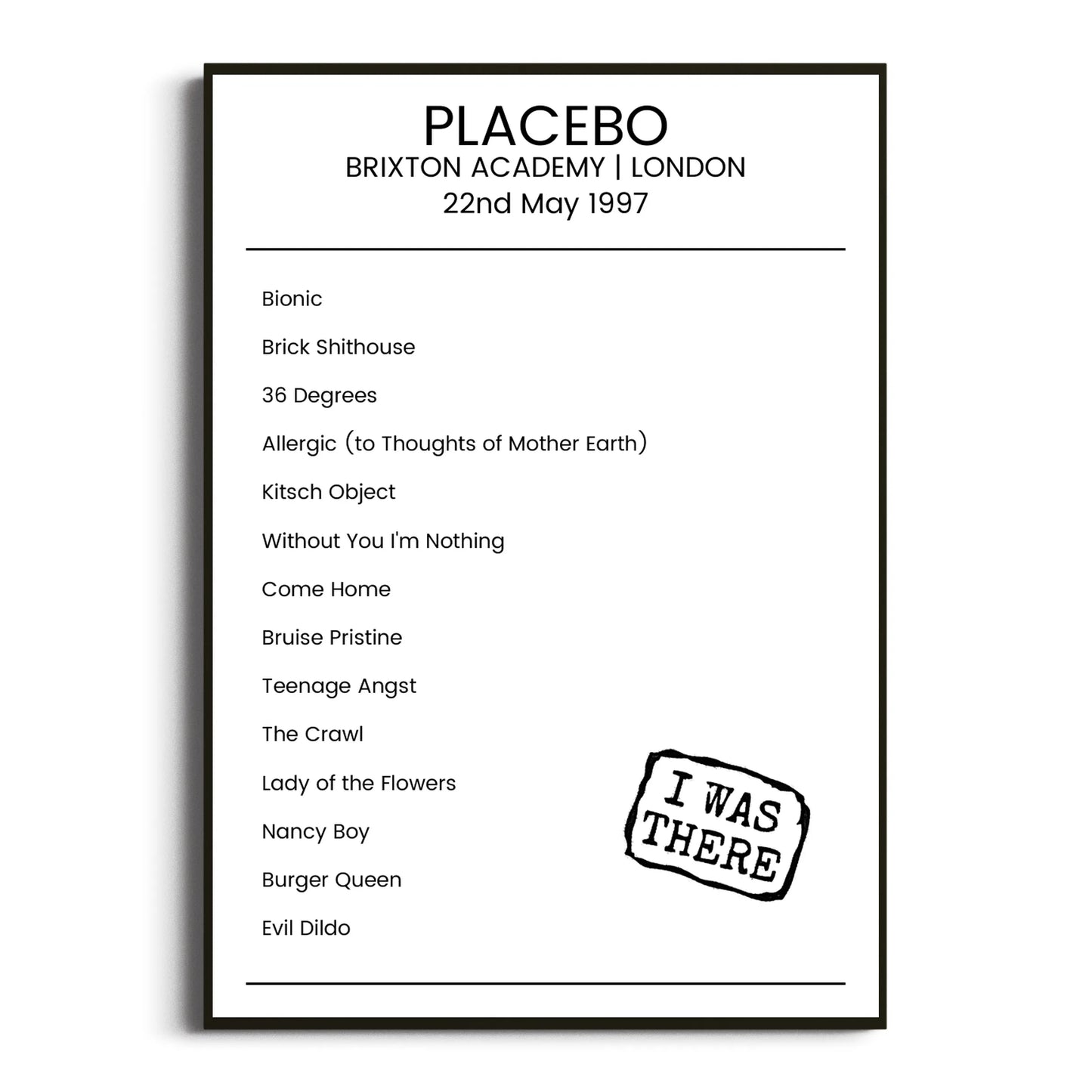 Placebo London 22 May 1997 Setlist Poster