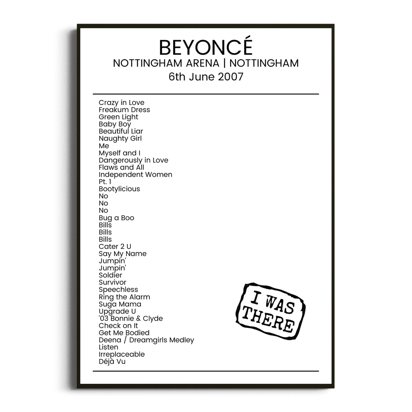 Beyoncé Nottingham 06 June 2007 Setlist Poster