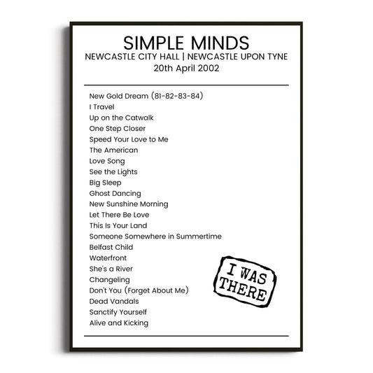 Simple Minds Newcastle upon Tyne 20 April 2002 Setlist Poster