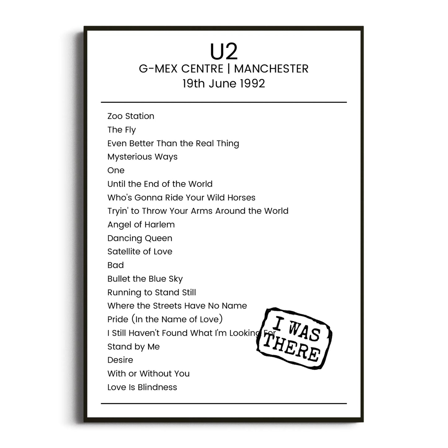 U2 Manchester 19 June 1992 Setlist Poster