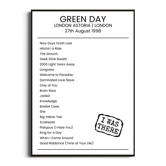 Green Day London 27 August 1998 Setlist Poster