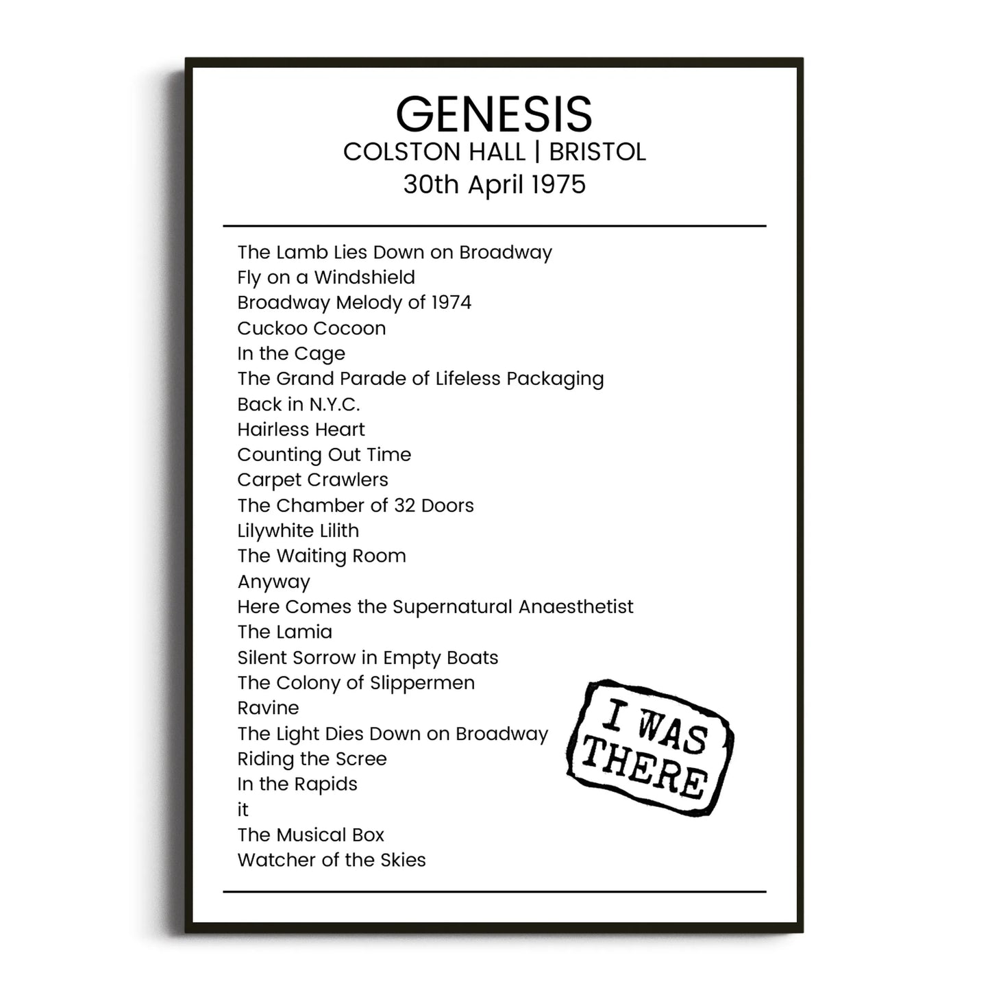 Genesis Bristol 30 April 1975 Setlist Poster