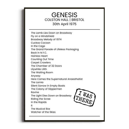 Genesis Bristol 30 April 1975 Setlist Poster