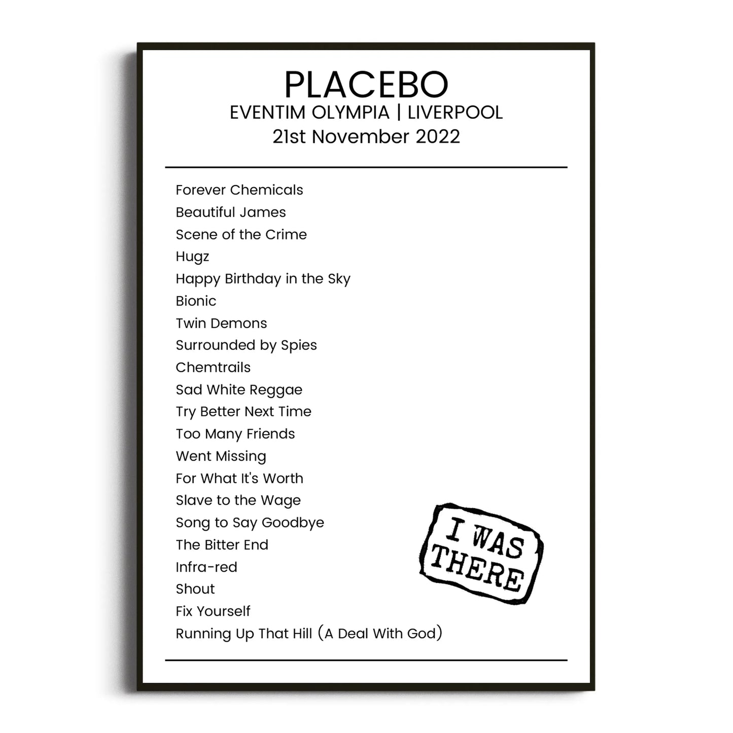 Placebo Liverpool 21 November 2022 Setlist Poster