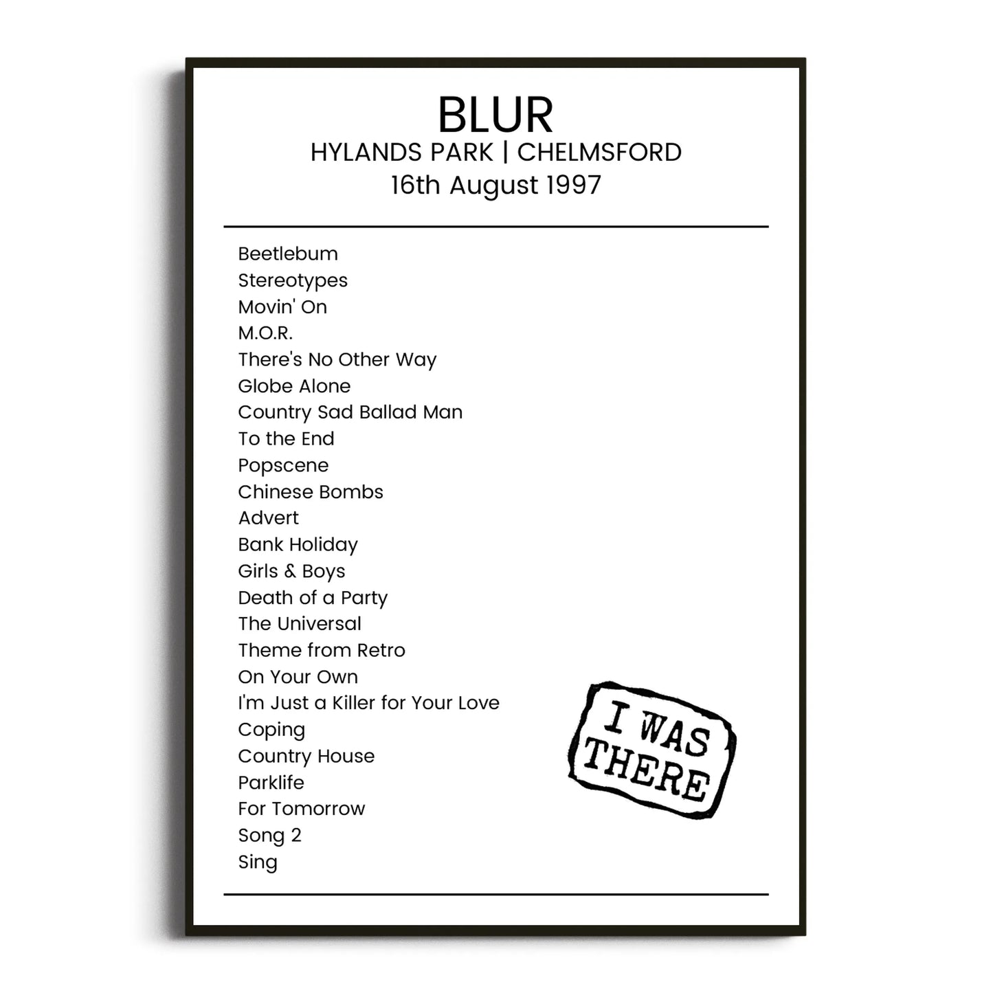 Blur Chelmsford 16 August 1997 Setlist Poster