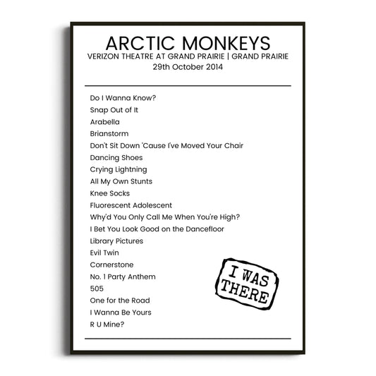 Arctic Monkeys Grand Prairie 29 October 2014 Setlist Poster