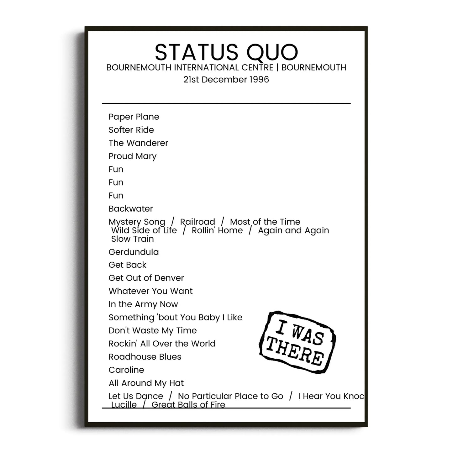 Status Quo Bournemouth 21 December 1996 Setlist Poster