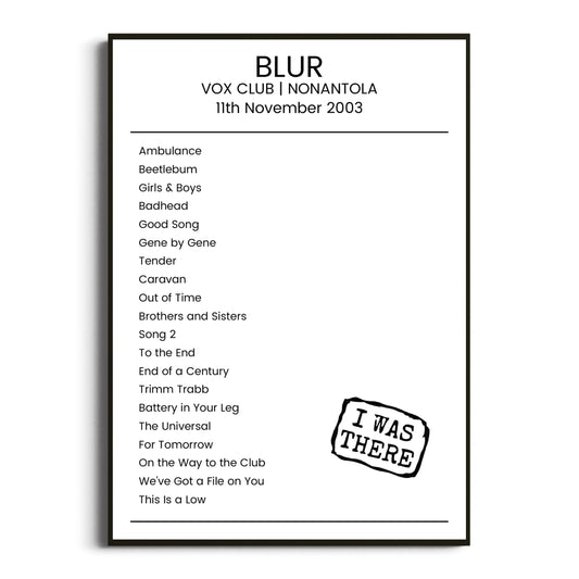 Blur Nonantola 11 November 2003 Setlist Poster