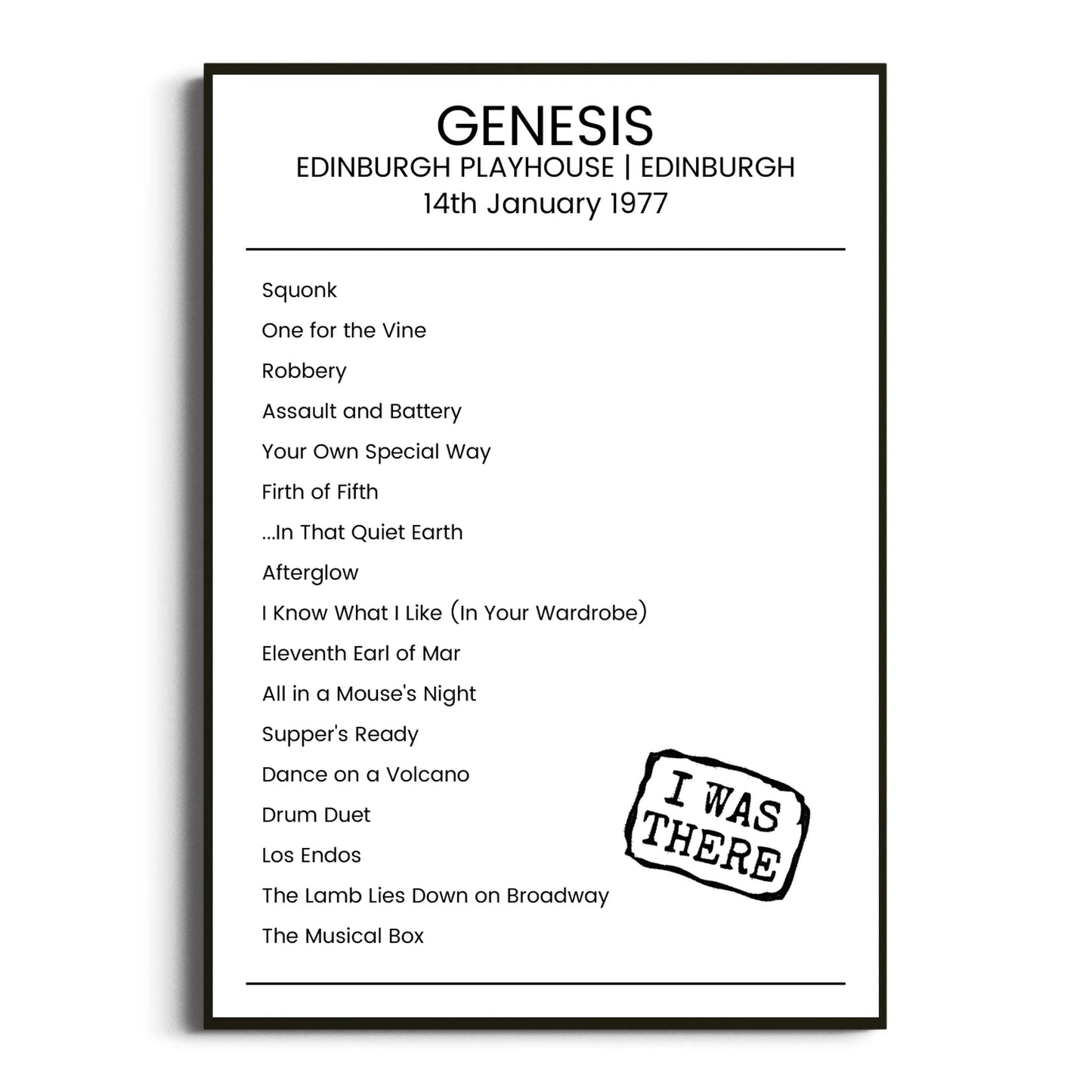 Genesis Edinburgh 14 January 1977 Setlist Poster