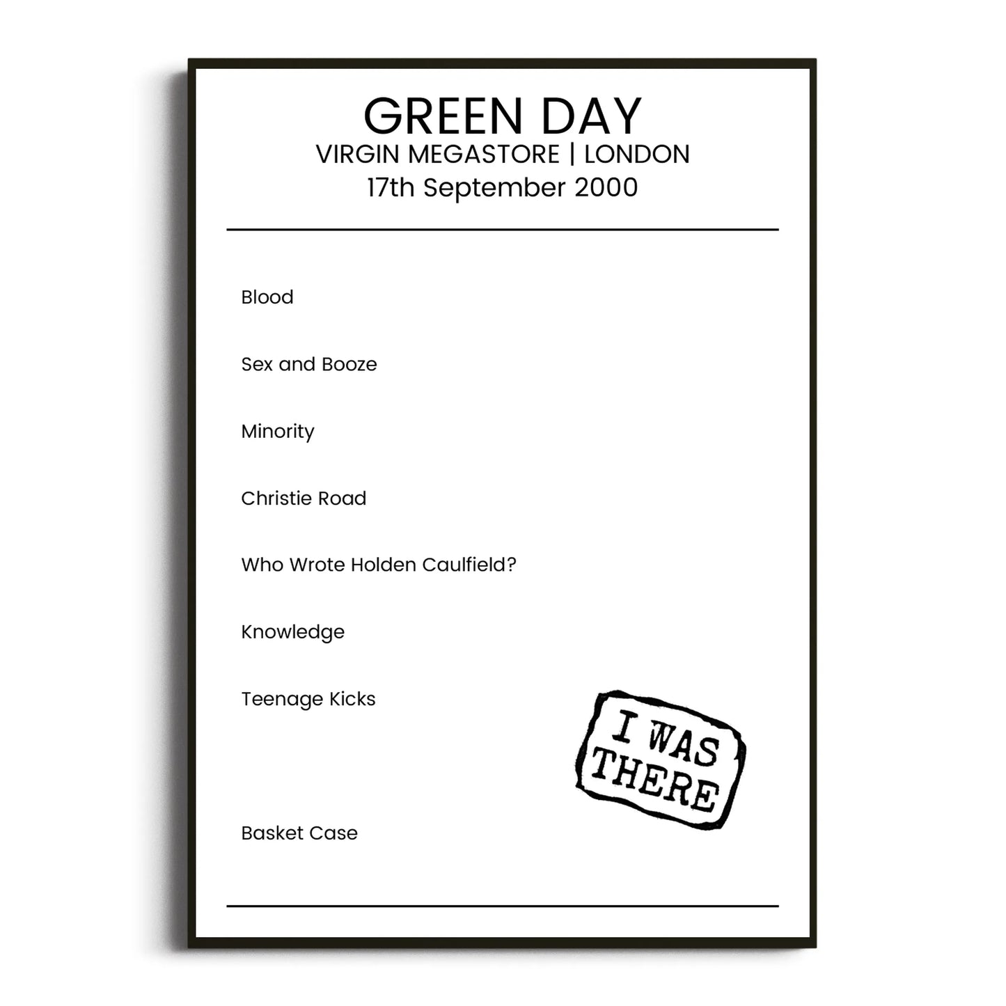 Green Day London 17 September 2000 Setlist Poster