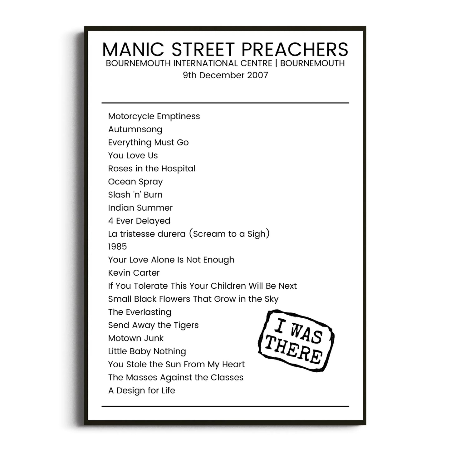 Manic Street Preachers Bournemouth 09 December 2007 Setlist Poster