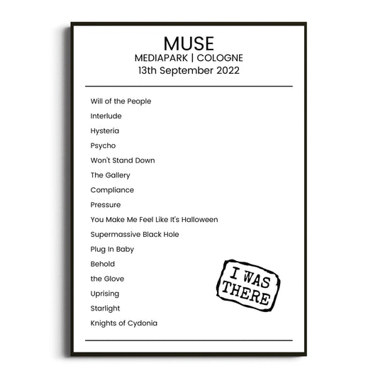 Muse Cologne 13 September 2022 Setlist Poster