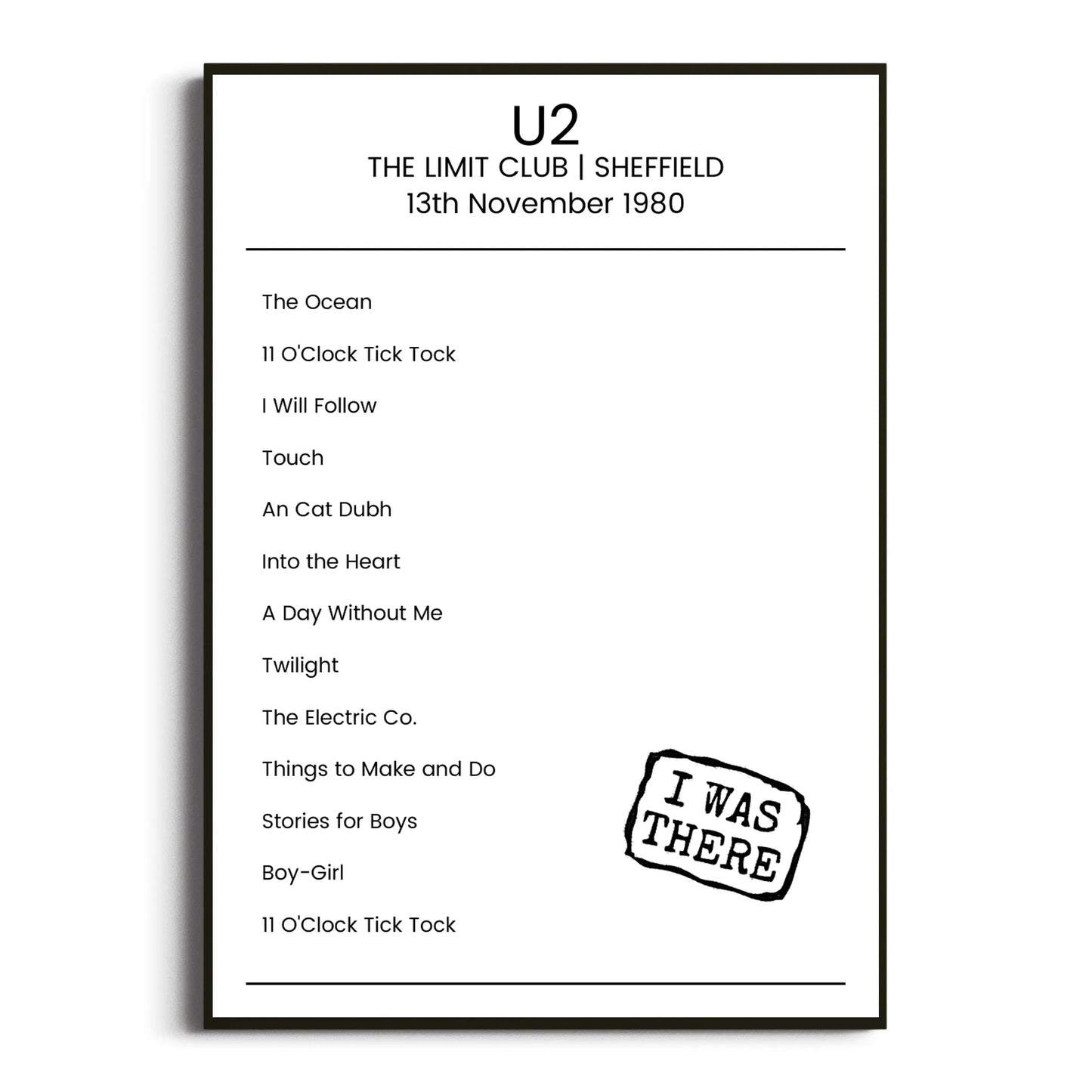 U2 Sheffield 13 November 1980 Setlist Poster