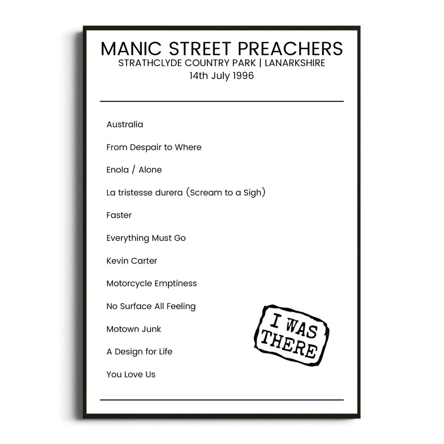 Manic Street Preachers Lanarkshire 14 July 1996 Setlist Poster