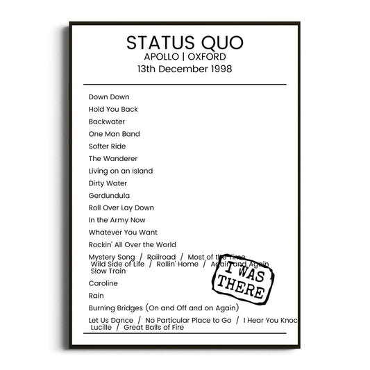 Status Quo Oxford 13 December 1998 Setlist Poster