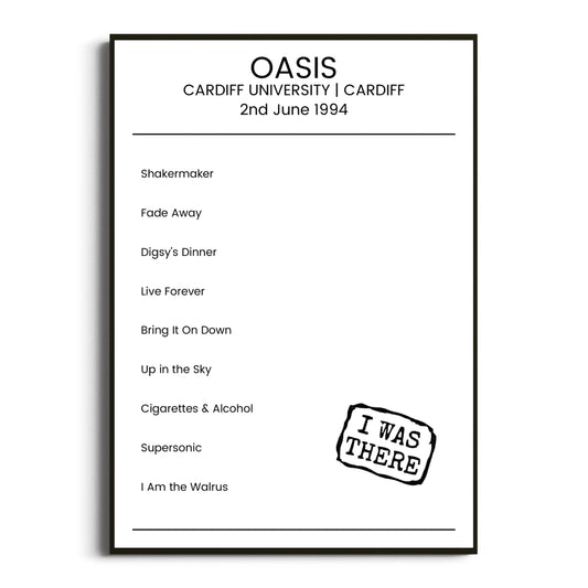 Oasis Cardiff 02 June 1994 Setlist Poster