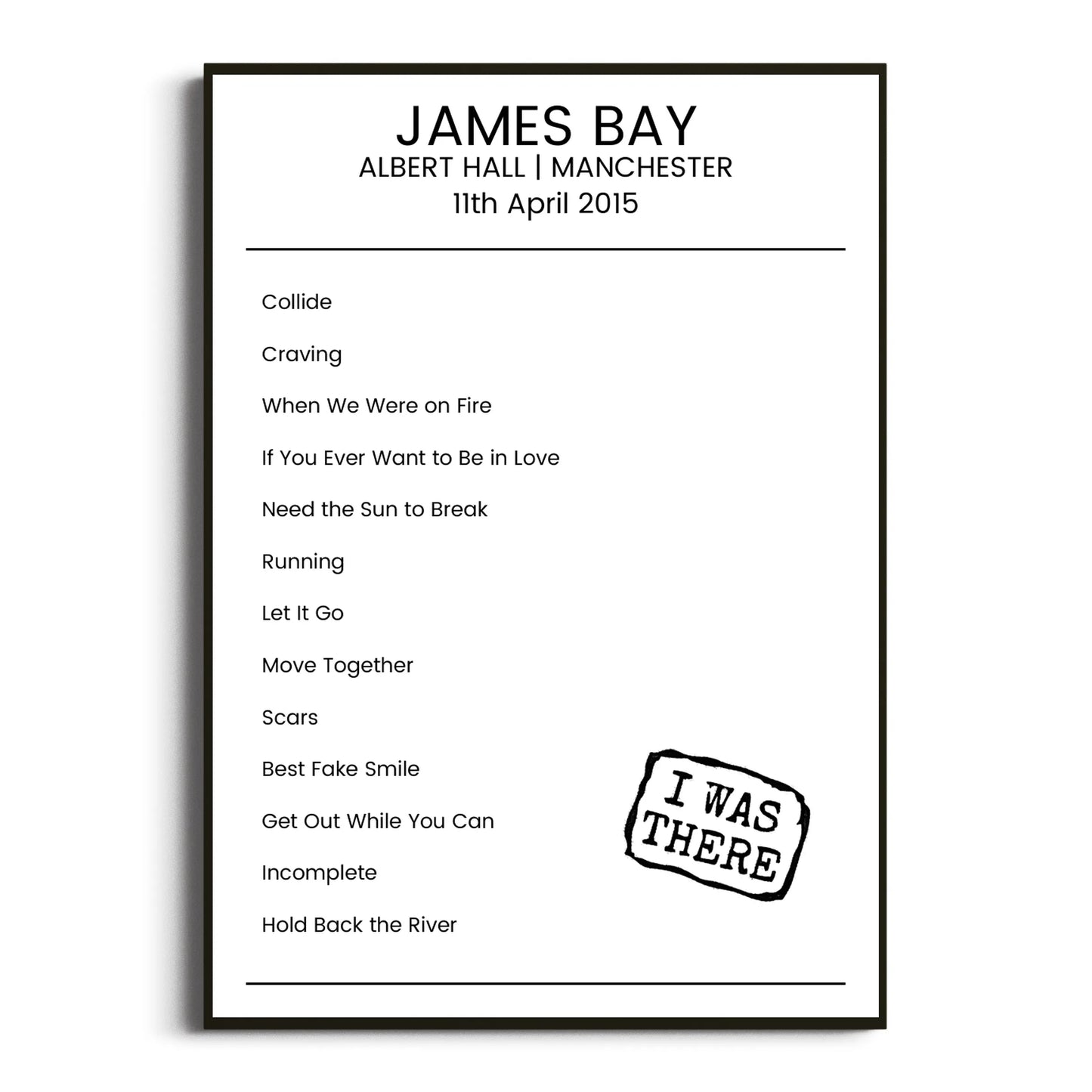 James Bay Manchester 11 April 2015 Setlist Poster