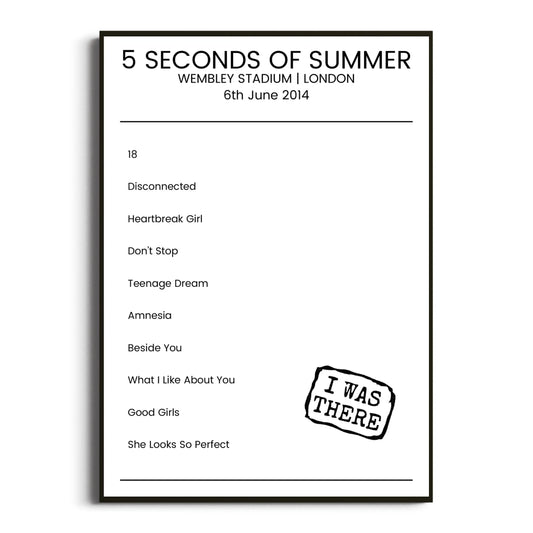 5 Seconds of Summer London 06 June 2014 Setlist Poster