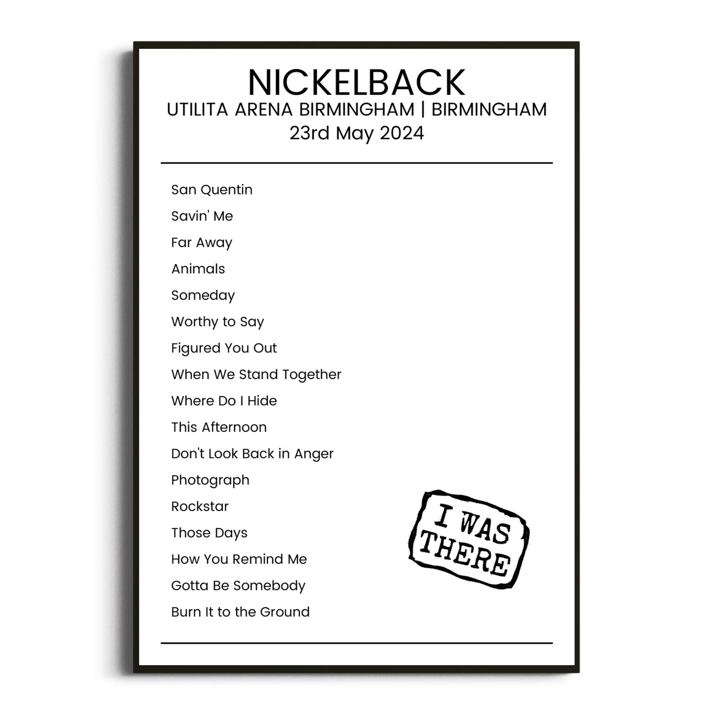 Nickelback Birmingham 23 May 2024 Setlist Poster