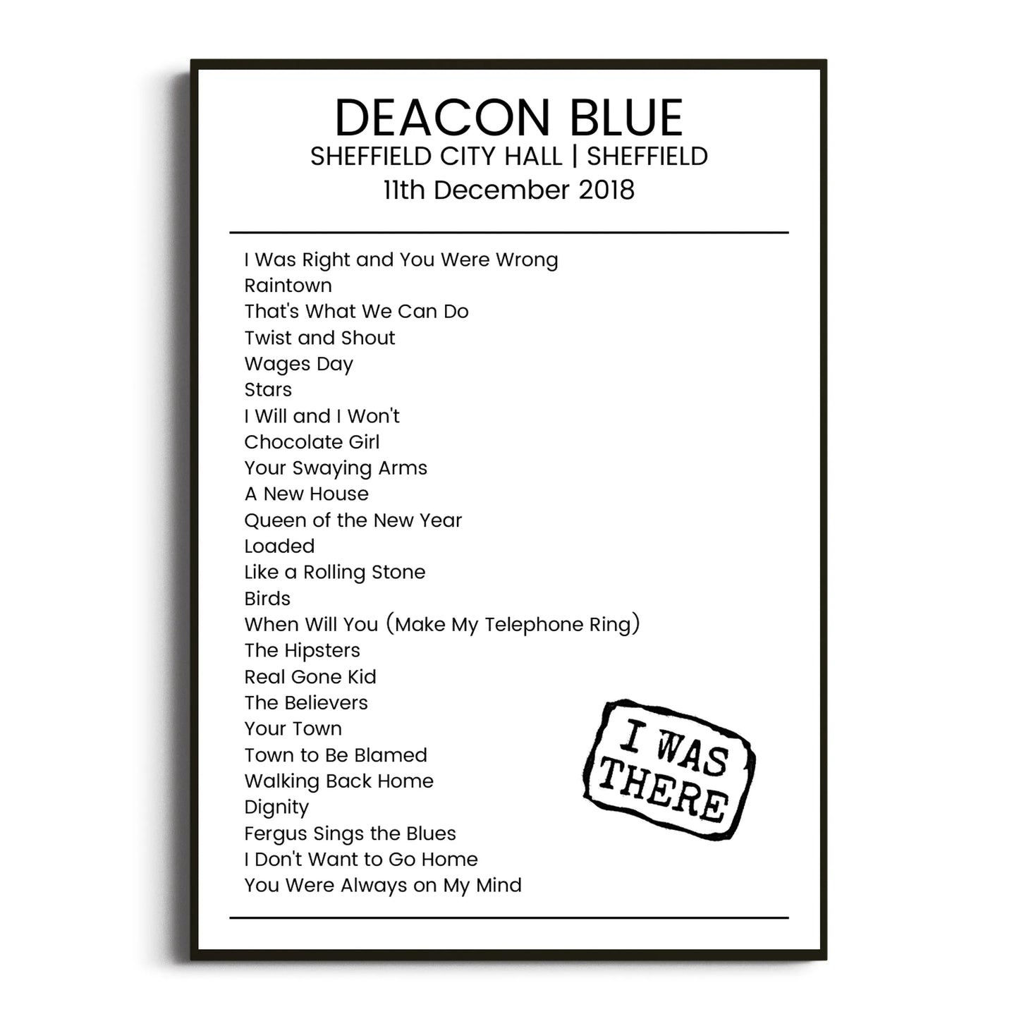 Deacon Blue Sheffield 11 December 2018 Setlist Poster