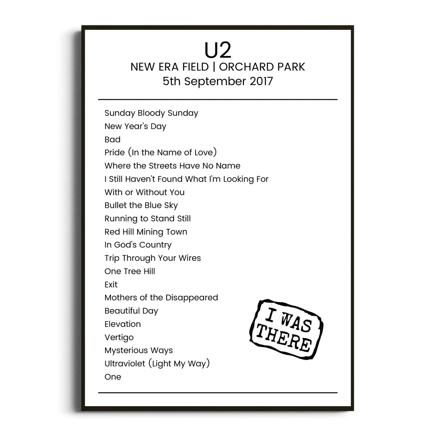 U2 Orchard Park 05 September 2017 Setlist Poster