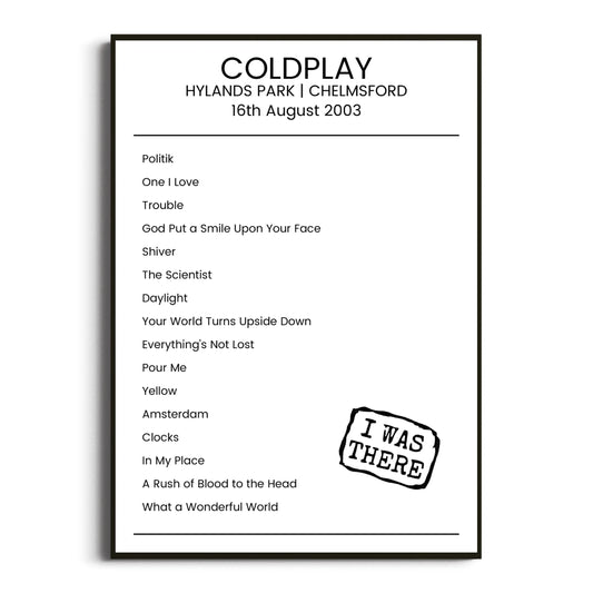 Coldplay Chelmsford 16 August 2003 Setlist Poster