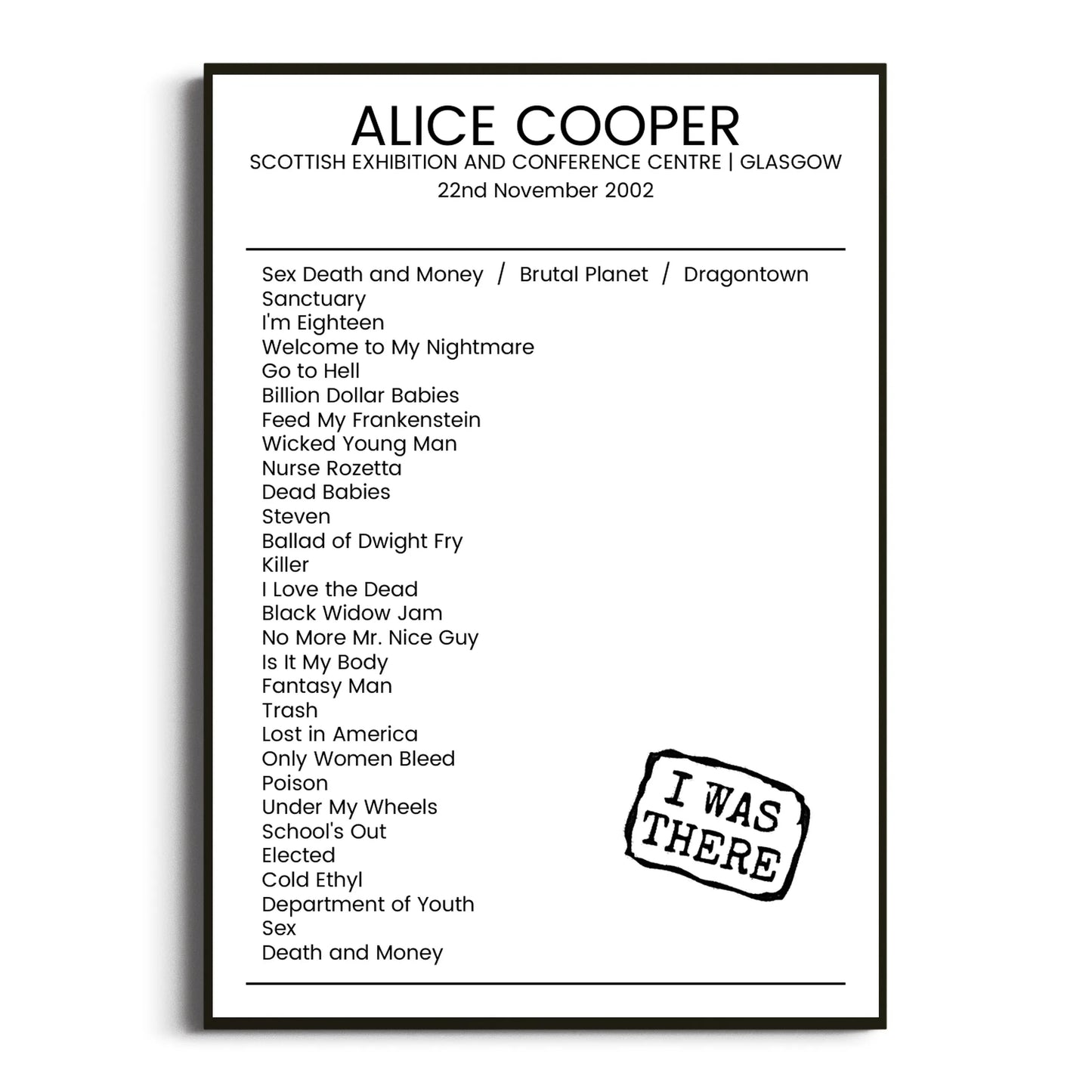 Alice Cooper Glasgow 22 November 2002 Setlist Poster