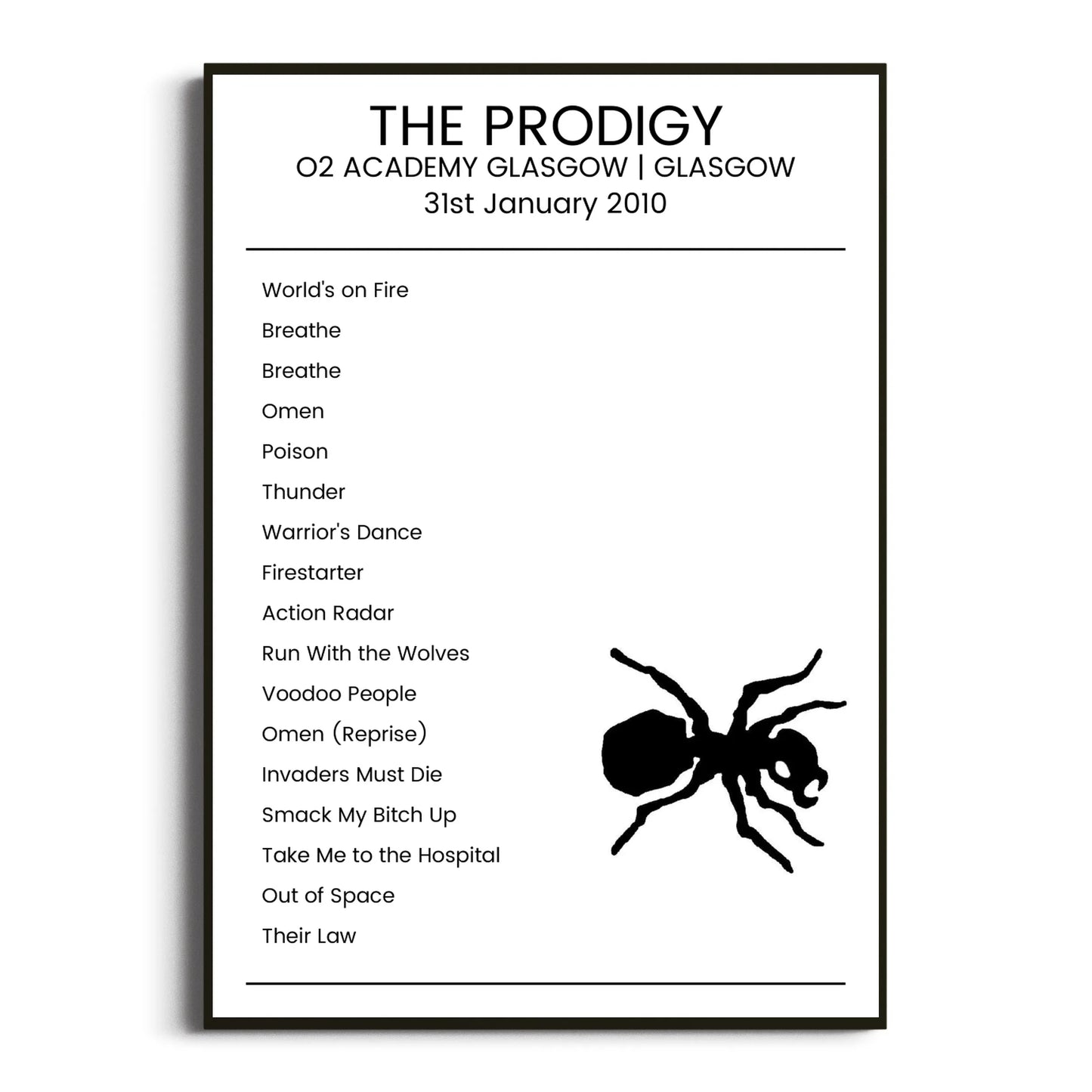 The Prodigy Glasgow 31 January 2010 Setlist Poster