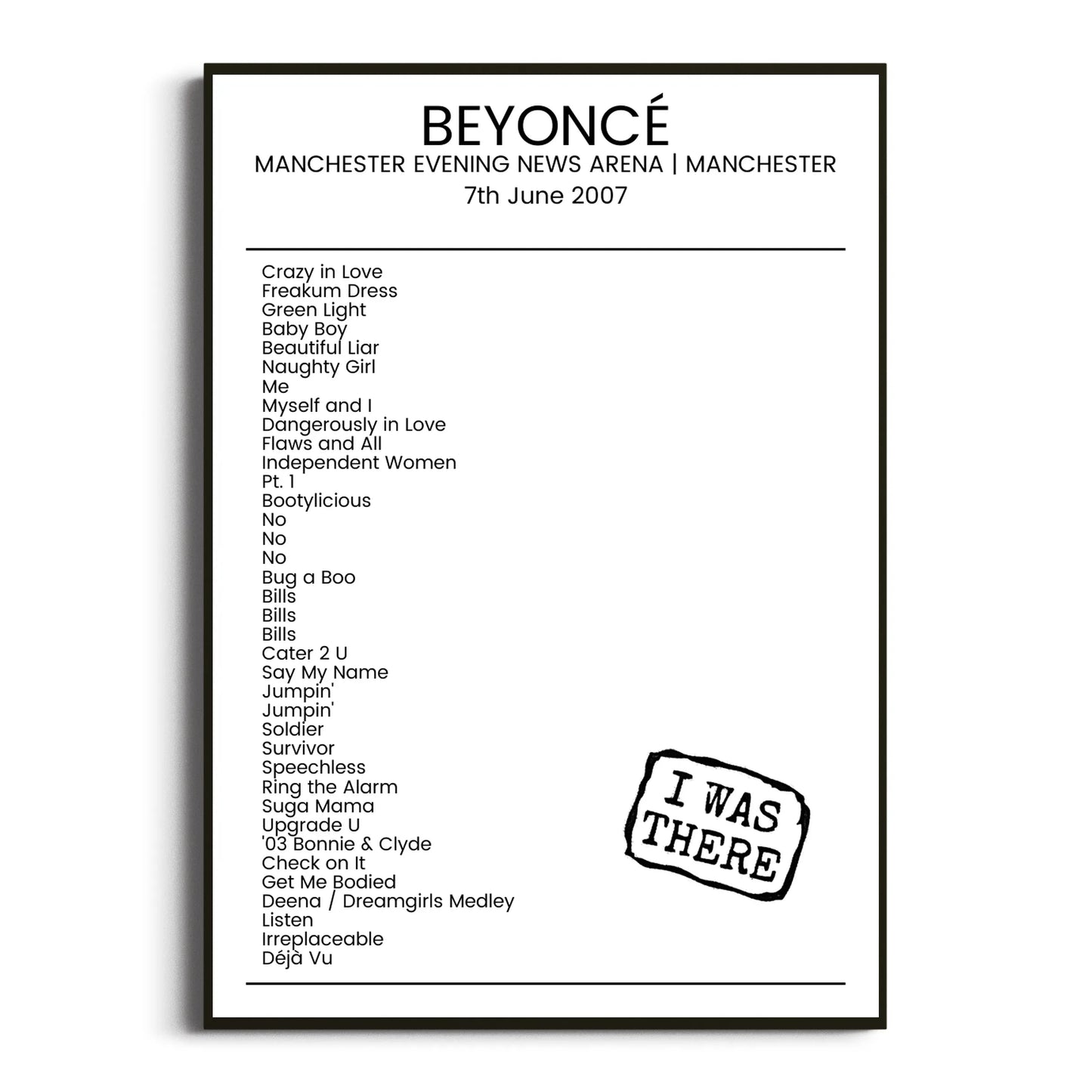 Beyoncé Manchester 07 June 2007 Setlist Poster