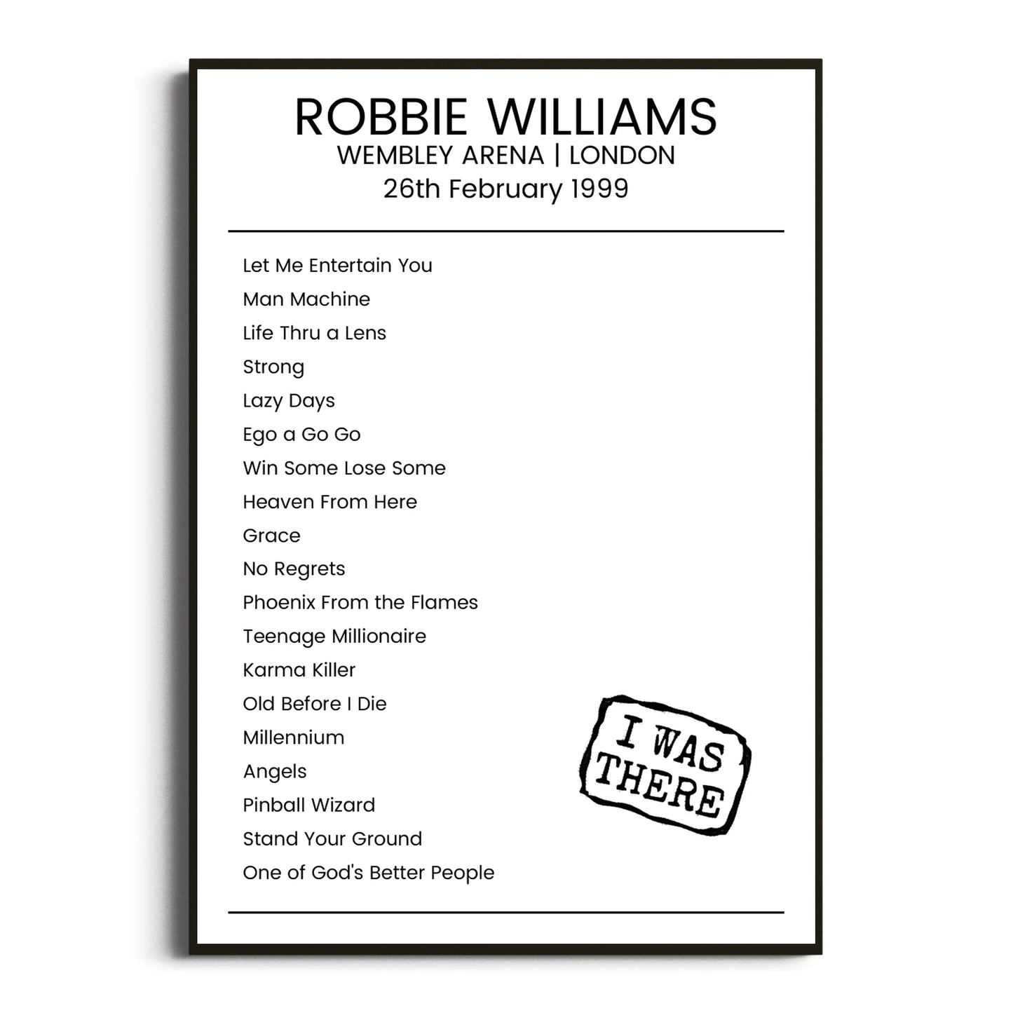 Robbie Williams London 26 February 1999 Setlist Poster