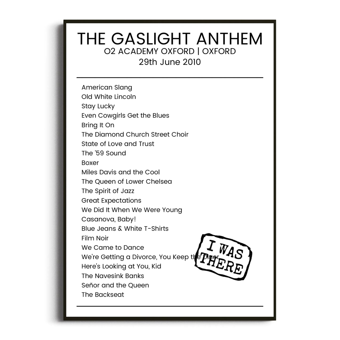 The Gaslight Anthem Oxford 29 June 2010 Setlist Poster