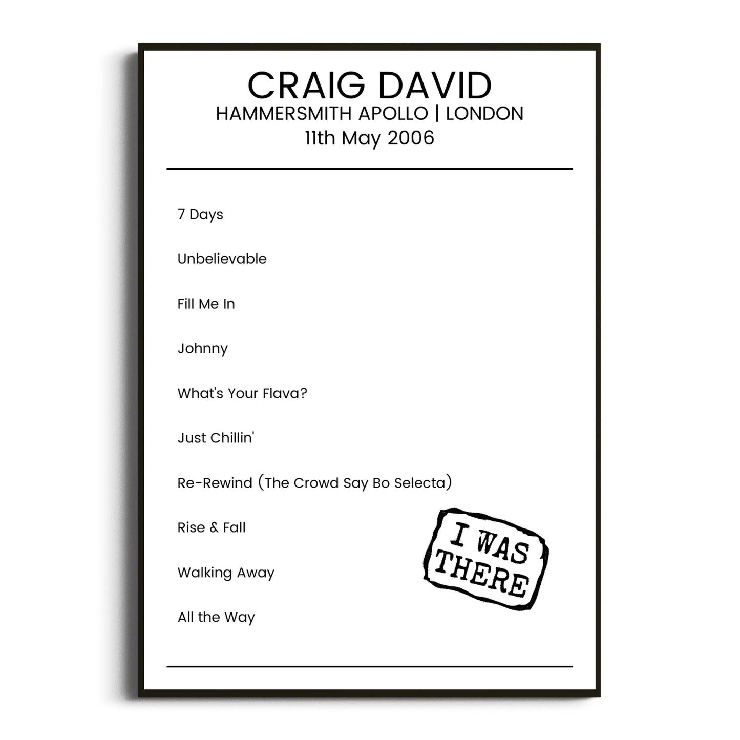 Craig David London 11 May 2006 Setlist Poster