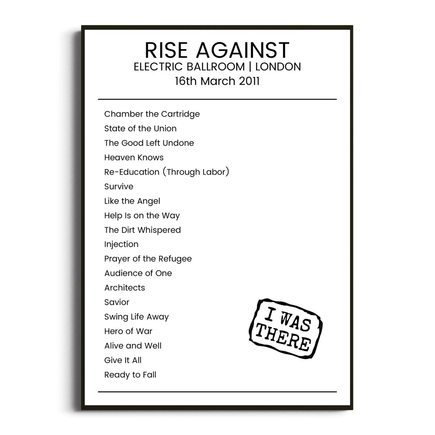 Rise Against London 16 March 2011 Setlist Poster