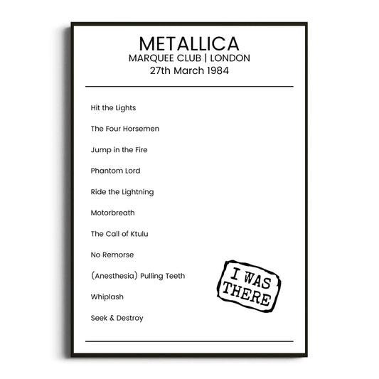 Metallica London 27 March 1984 Setlist Poster