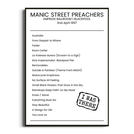 Manic Street Preachers Blackpool 02 April 1997 Setlist Poster