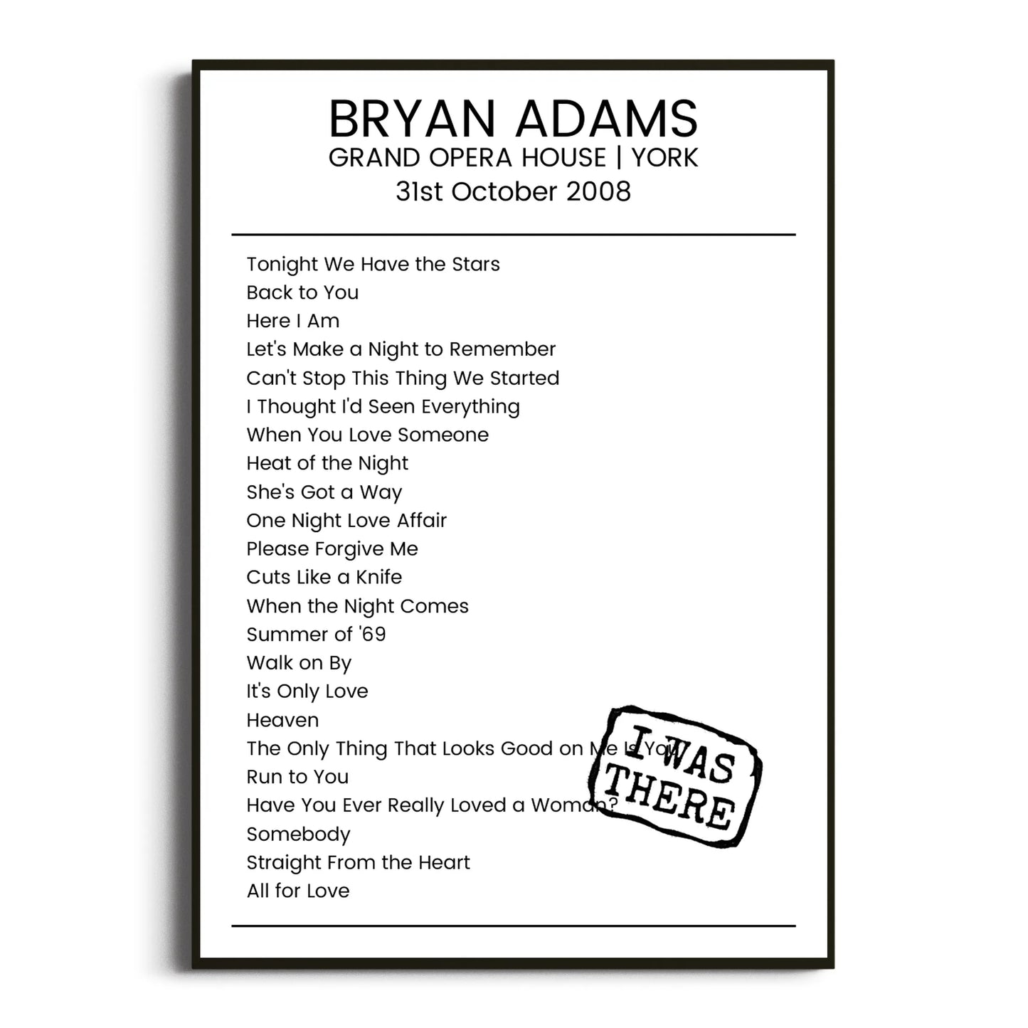 Bryan Adams York 31 October 2008 Setlist Poster