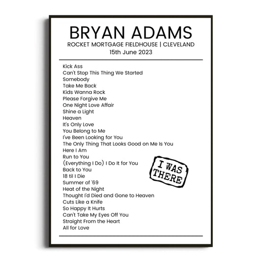 Bryan Adams Cleveland 15 June 2023 Setlist Poster