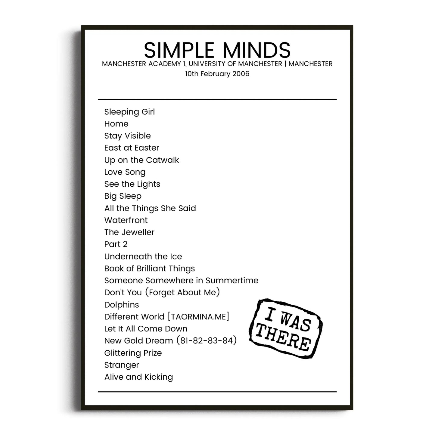 Simple Minds Manchester 10 February 2006 Setlist Poster