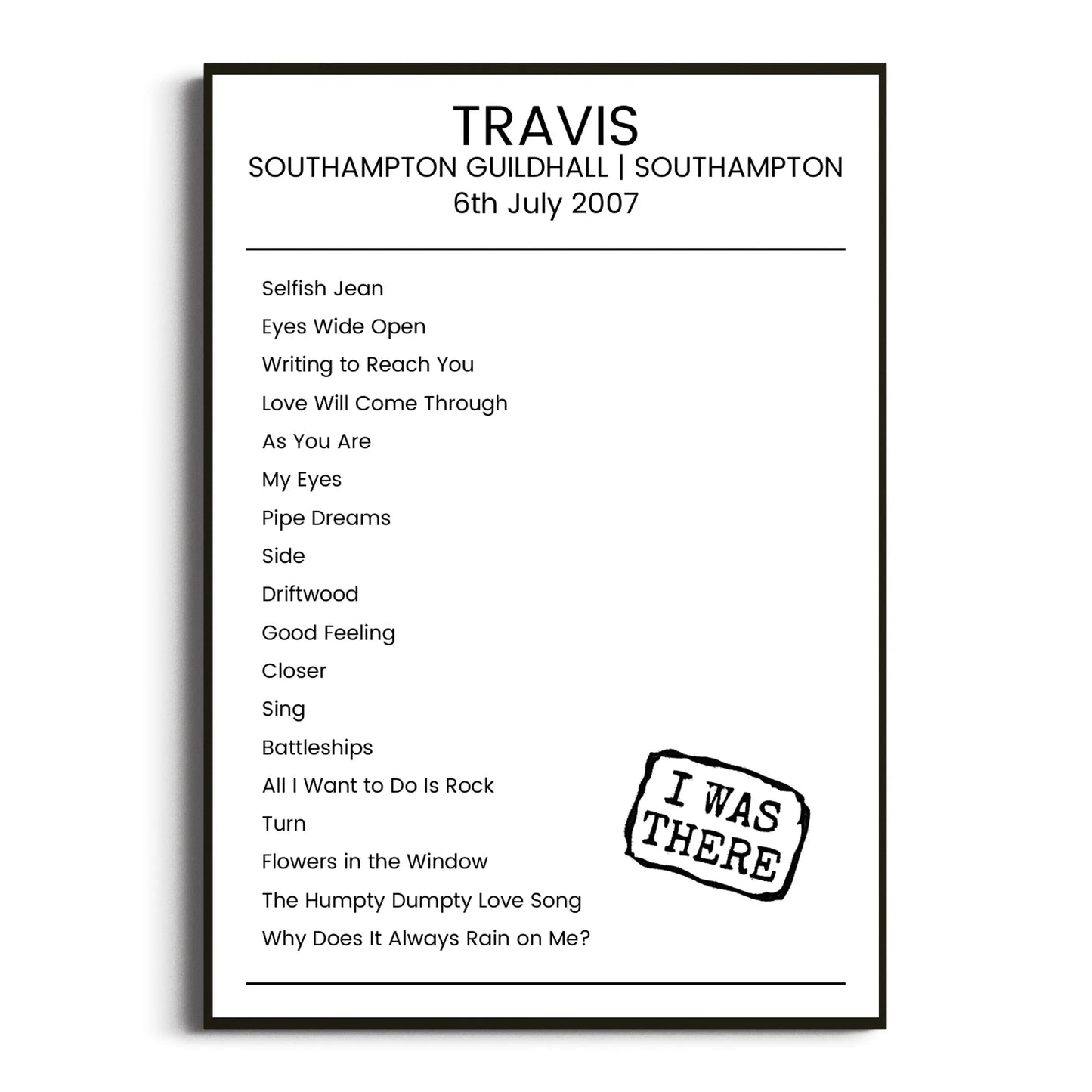 Travis Southampton 06 July 2007 Setlist Poster