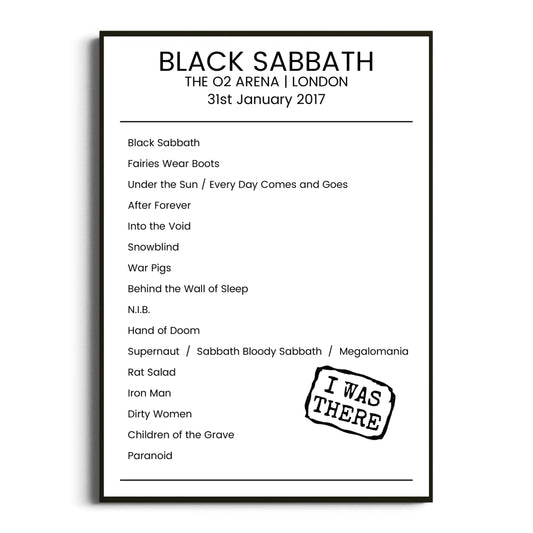 Black Sabbath London 31 January 2017 Setlist Poster